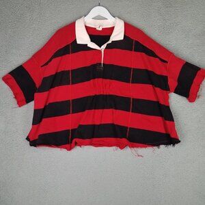 We The Free Yuki Rugby Polo Shirt Womens Medium Oversized Striped Red Black Boxy